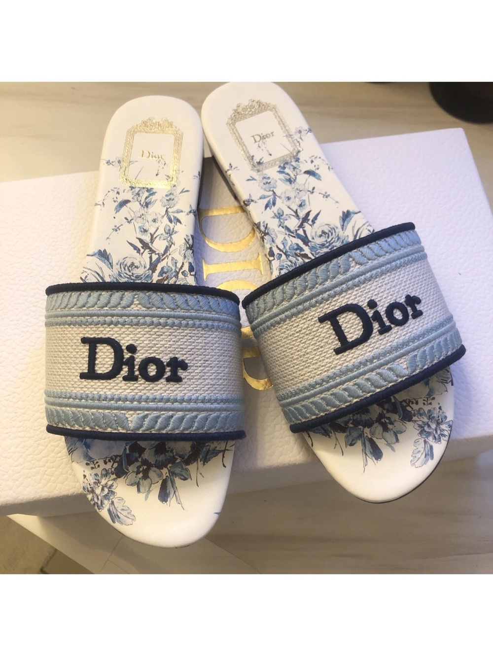 Dior Dway Blue and White Floral Sandals Slides Size 38
